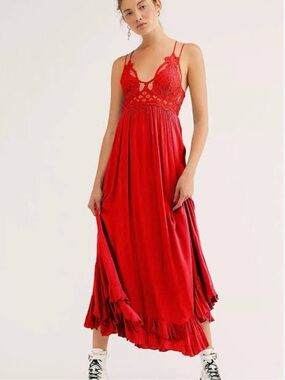 Free People Red Adela Lace-Trim Maxi Dress